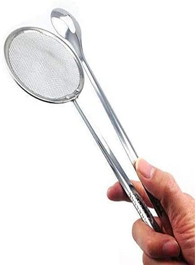 GLNRM Home and Kitchen Food Cooking Tong | Stainless Steel Strainer | Filter Mesh Spoon | Fried Food Oil Strainer | Round Frying Spoon for Home - Silver - Image 1